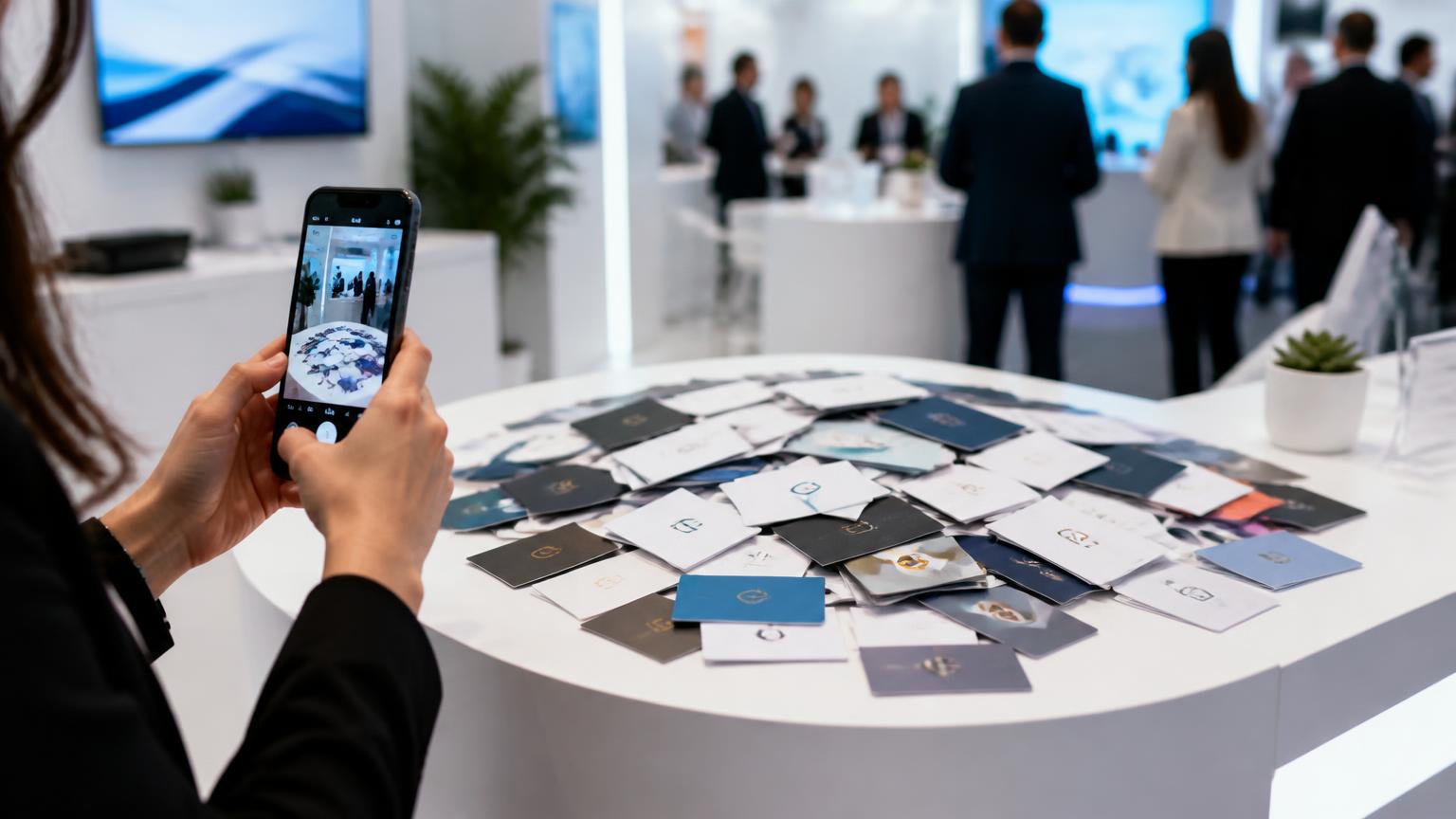 Stack of visiting cards on an expo booth counter being photographed for bulk scanning