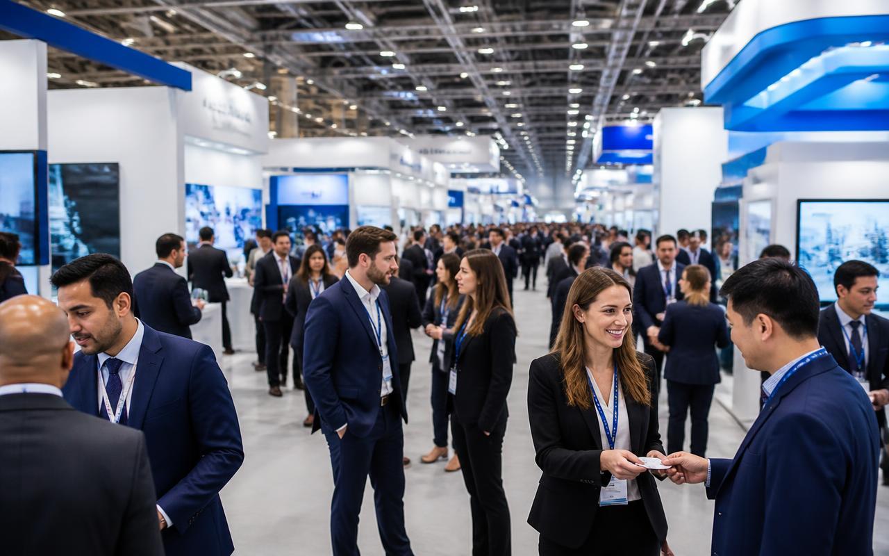 Exhibition hall where visitors exchange business cards at trade show booths
